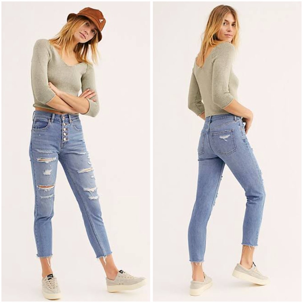 Women's We The Free High Rise Blossom Rigid Skinny Jeans Size 28 Blue Distressed